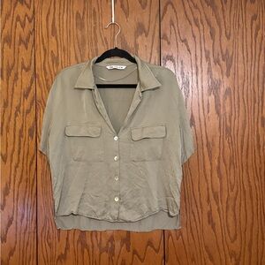 ZARA Olive Green Cropped Button Front Blouse L 100% Viscose